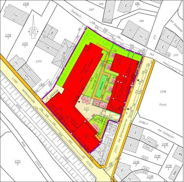 Der Lageplan zeigt das geplante Pflegeheim an der Wilhelmstraße und das Betreute Wohnen an der Straße Am Gottesackertor.