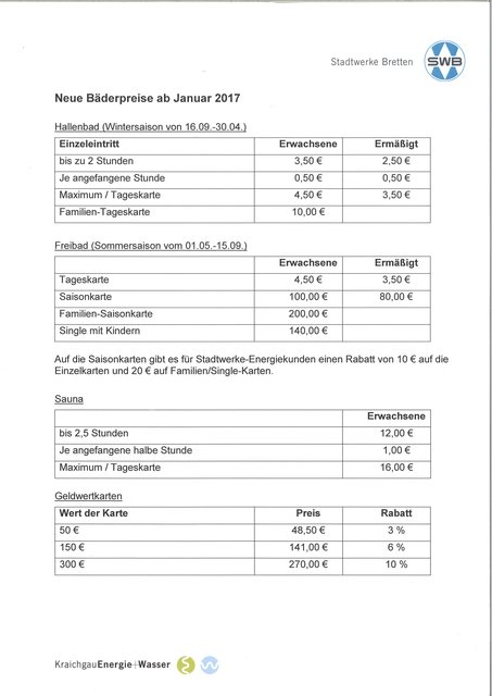 Das angepasste Tarifsystem für das neue Hallenbad.