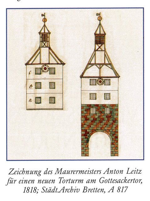 Geplant, aber nie gebaut: Um 1818 gab es Überlegungen zum Wiederaufbau des Gottesackertors als Gefängnisturm. | Foto: Stadtarchiv Bretten