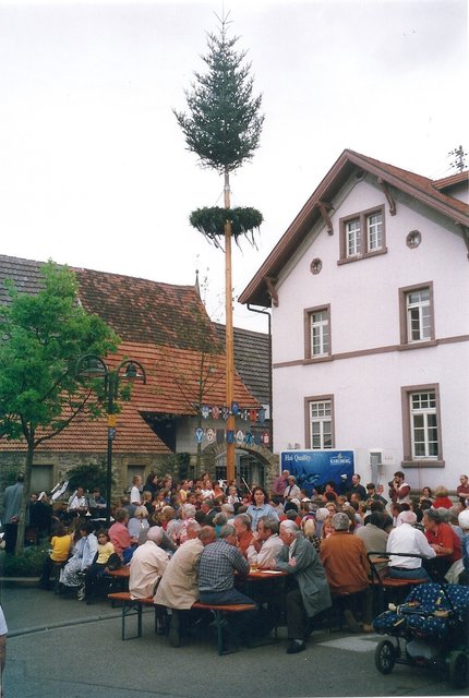Das Maibaumstellen (hier im Jahr 2001) lockt Jung und Alt an.