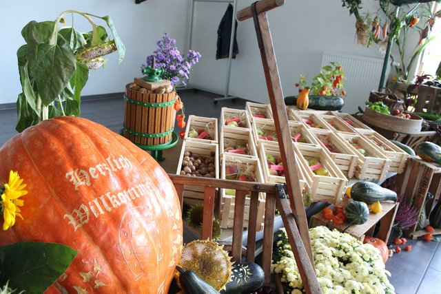 Ausstellung zum Erntedankfest, von Obst- und Gartenbauverein, Ortschaftsrat und Musikverein auf die Beine gestellt.