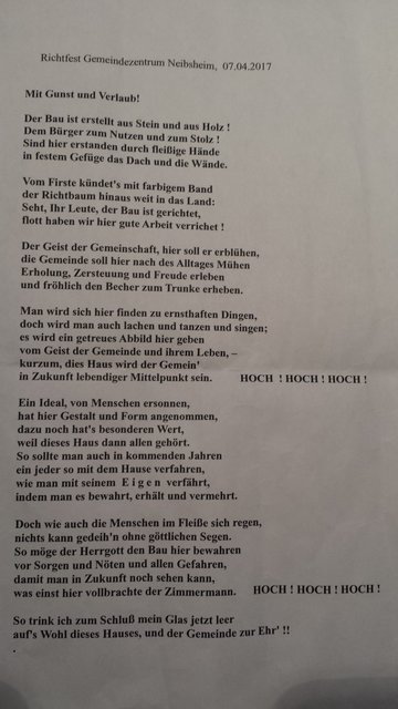 Der Richtspruch, verlesen von Zimmerermeister Ernst Schmidt.