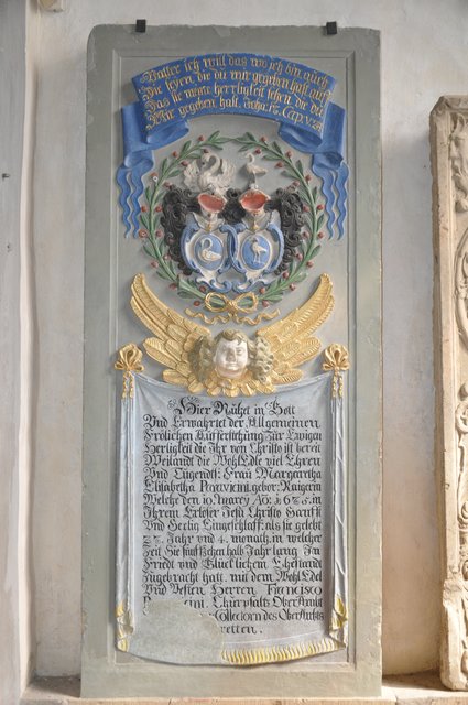 Prächtiger Epitaph von Margaretha Elisabetha Paravicini, geborene Raigerin, gestorben 1675 im Alter von 27 Jahren. Foto: ch