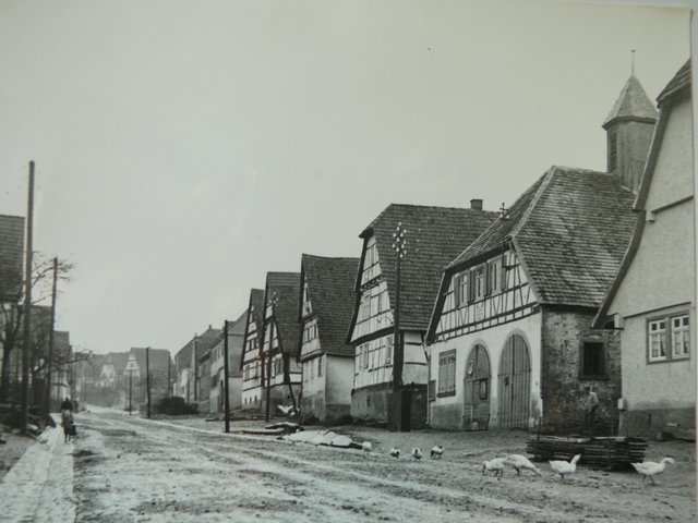 Die einstige ländliche Idylle spiegelt sich auf diesem Bild wieder, das Anfang der 1940er Jahre entstand und die untere Göbricher Hauptstraße zeigt. Ganz rechts (das Gebäude mit den Rundbogentoren) war bis 1920 das Rathaus. | Foto: Dietrich