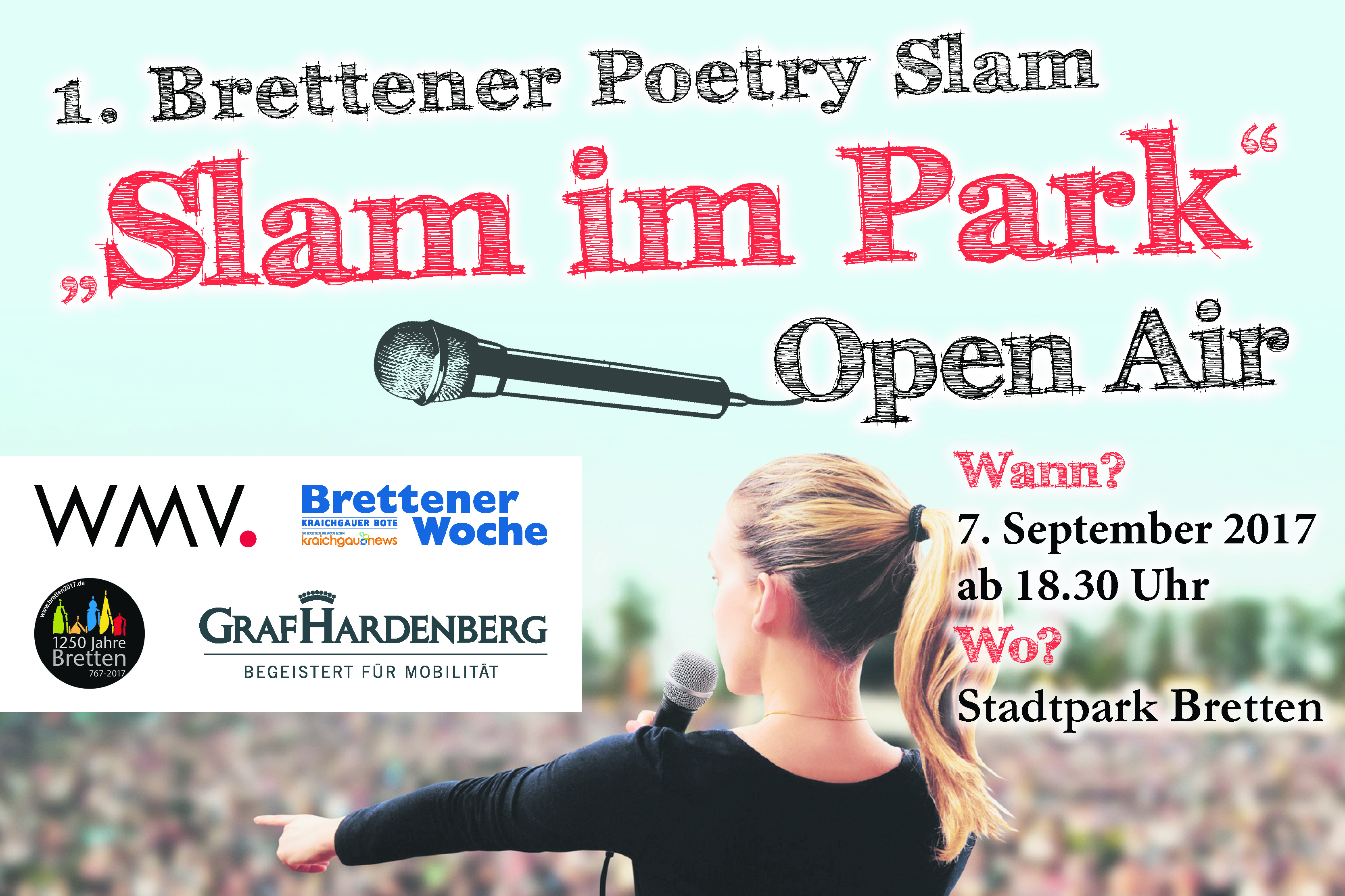 Der 1. Brettener Poetry Slam "Slam im Park" Open Air findet am 7.September 2017 im Stadtpark Bretten statt. Die Bewerbungsfrist endet am 31. Juli 2017.