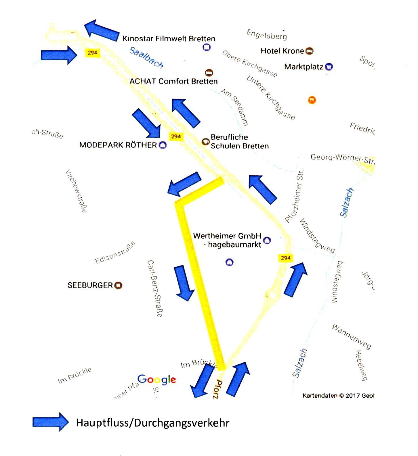 Kernstück Quartiersumfahrung: Mit der Einbahnstraßenregelung rund um Kraichgau-Center und Baumarkt wollen die Freien Wähler die innerstädtischen Verkehrsströme entflechten.
