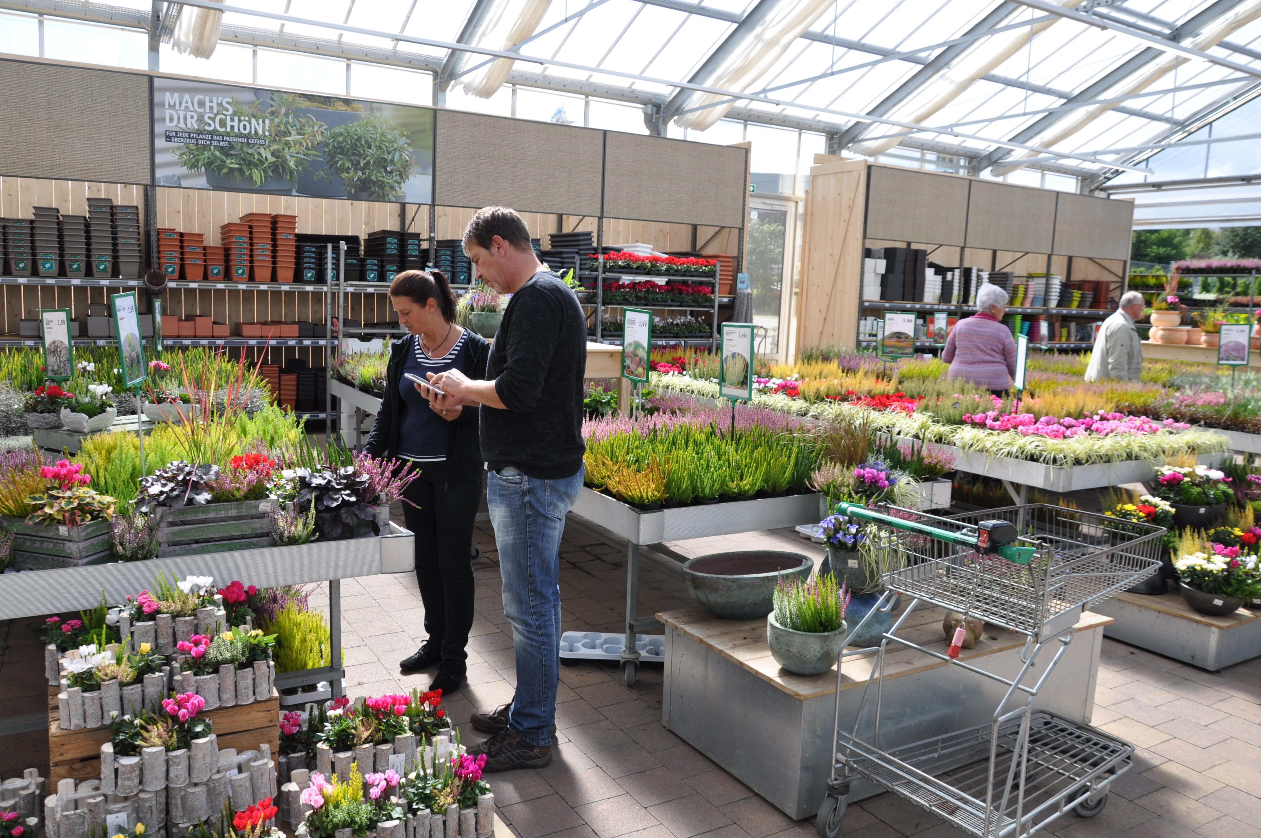 Wettergeschützt einkaufen: Die erweiterte Überdachung des Außenbereichs im Gartencenter Streb macht von Wind und Regen unabhängig. Foto: ch
