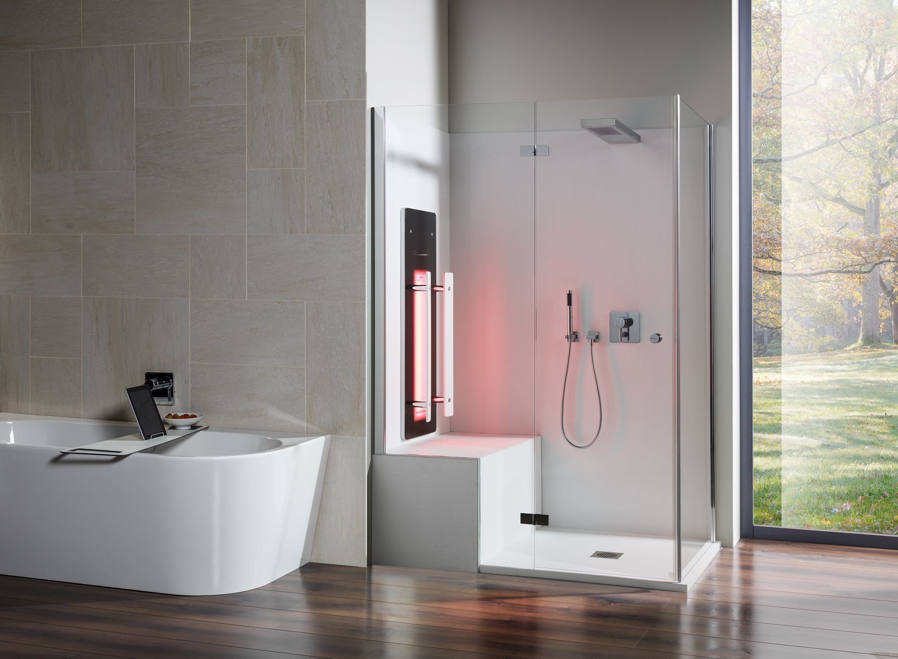 Wasserdichte Infrarotpanelle verwandeln die Dusche in eine Wellness-Oase.