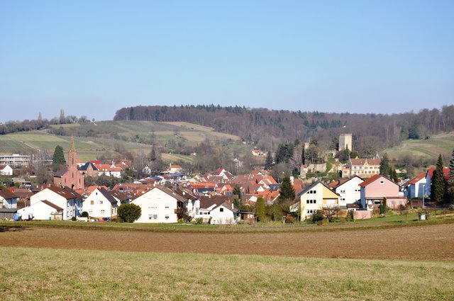 Idyllische Lage: Burg und Schloss (rechts) und die St. Martinskirche (links) sind die weithin sichtbaren Erkennungszeichen von Obergrombach. Foto: ch