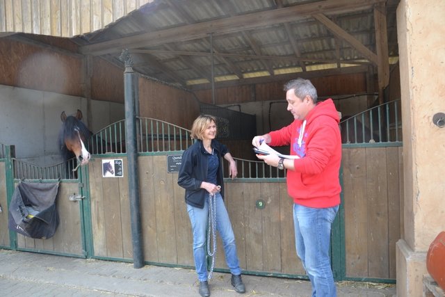Redaktionsleiter Mario Zittrich erklärt der Pferdehalterin Ingrid Schmid, wie der Dreh ablaufen wird ...