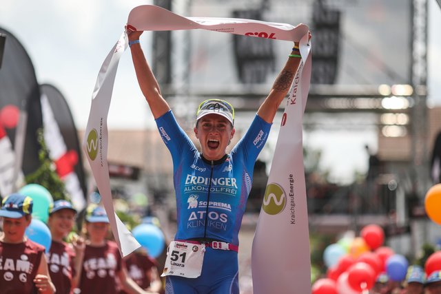 KRAICHGAU, GERMANY - JUNE 03:  Laura Philipp celebrates after winning the Sparkasse IRONMAN 70.3 Kraichgau powered by KraichgauEnergie on June 3, 2018 in Kraichgau, Germany.  (Photo by Joern Pollex/Getty Images for IRONMAN)