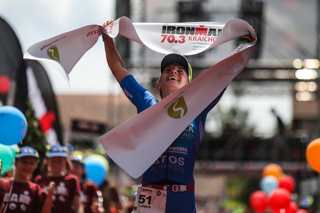 KRAICHGAU, GERMANY - JUNE 03:  Laura Philipp celebrates after winning the Sparkasse IRONMAN 70.3 Kraichgau powered by KraichgauEnergie on June 3, 2018 in Kraichgau, Germany.  (Photo by Joern Pollex/Getty Images for IRONMAN)