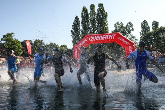 KRAICHGAU, GERMANY - JUNE 03:  Athletes compete during the swim leg during Sparkasse IRONMAN 70.3 Kraichgau powered by KraichgauEnergie on June 3, 2018 in Kraichgau, Germany.  (Photo by Joern Pollex/Getty Images for IRONMAN)