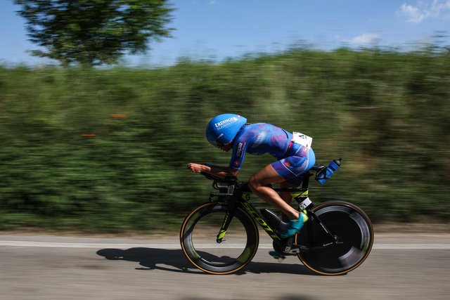 KRAICHGAU, GERMANY - JUNE 03:  Laura Philipp competes in the bike leg during the Sparkasse IRONMAN 70.3 Kraichgau powered by KraichgauEnergie on June 3, 2018 in Kraichgau, Germany.  (Photo by Joern Pollex/Getty Images for IRONMAN)