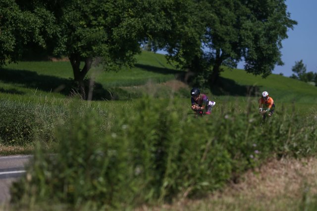 KRAICHGAU, GERMANY - JUNE 03:  Athletes compete in the bike leg during the Sparkasse IRONMAN 70.3 Kraichgau powered by KraichgauEnergie on June 3, 2018 in Kraichgau, Germany.  (Photo by Joern Pollex/Getty Images for IRONMAN)