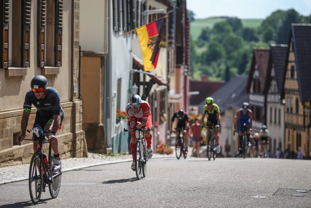 KRAICHGAU, GERMANY - JUNE 03:  Athletes compete in the bike leg during the Sparkasse IRONMAN 70.3 Kraichgau powered by KraichgauEnergie on June 3, 2018 in Kraichgau, Germany.  (Photo by Joern Pollex/Getty Images for IRONMAN)