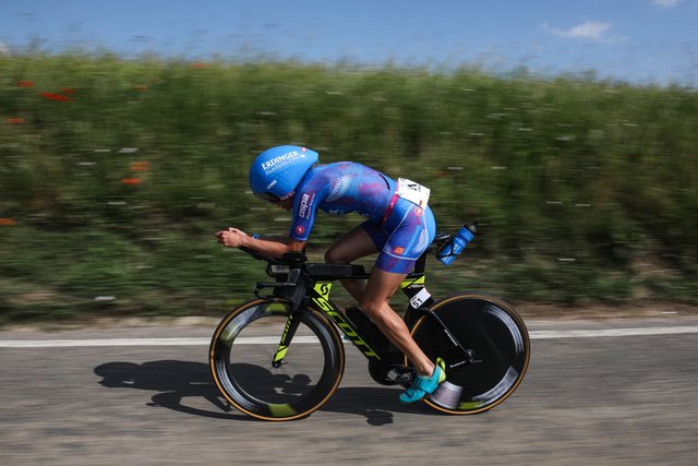 KRAICHGAU, GERMANY - JUNE 03:  Laura Philipp competes in the bike leg during the Sparkasse IRONMAN 70.3 Kraichgau powered by KraichgauEnergie on June 3, 2018 in Kraichgau, Germany.  (Photo by Joern Pollex/Getty Images for IRONMAN)