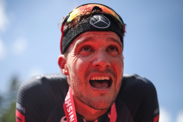 KRAICHGAU, GERMANY - JUNE 03:  Jan Frodeno is seen after winning the Sparkasse IRONMAN 70.3 Kraichgau powered by KraichgauEnergie on June 3, 2018 in Kraichgau, Germany.  (Photo by Joern Pollex/Getty Images for IRONMAN)