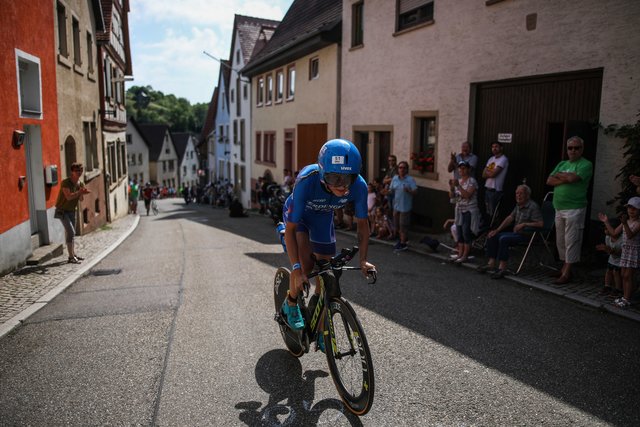 KRAICHGAU, GERMANY - JUNE 03:  Laura Philipp competes in the bike leg during the Sparkasse IRONMAN 70.3 Kraichgau powered by KraichgauEnergie on June 3, 2018 in Kraichgau, Germany.  (Photo by Joern Pollex/Getty Images for IRONMAN)