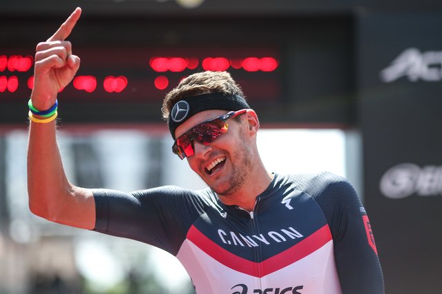 KRAICHGAU, GERMANY - JUNE 03:  Jan Frodeno celebrates after winning the Sparkasse IRONMAN 70.3 Kraichgau powered by KraichgauEnergie on June 3, 2018 in Kraichgau, Germany.  (Photo by Joern Pollex/Getty Images for IRONMAN)