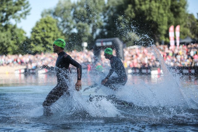 KRAICHGAU, GERMANY - JUNE 03:  Athletes compete in the swim leg during the Sparkasse IRONMAN 70.3 Kraichgau powered by KraichgauEnergie on June 3, 2018 in Kraichgau, Germany.  (Photo by Joern Pollex/Getty Images for IRONMAN)