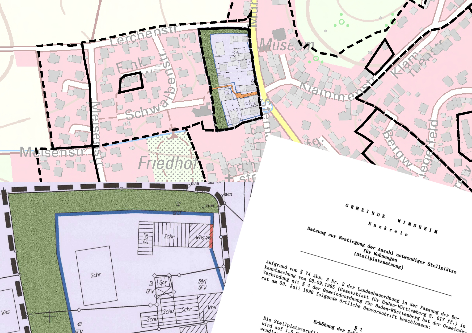 Ab 2020 sollen Bebauungspläne online abrufbar sein (oben) – bislang liegen sie oft nur in Papierform vor (unten links und rechts). Wie die Umsetzung gehen kann, hat der Enzkreis mit den Gemeinden Sternenfels und Wimsheim in einem Pilotprojekt erprobt.