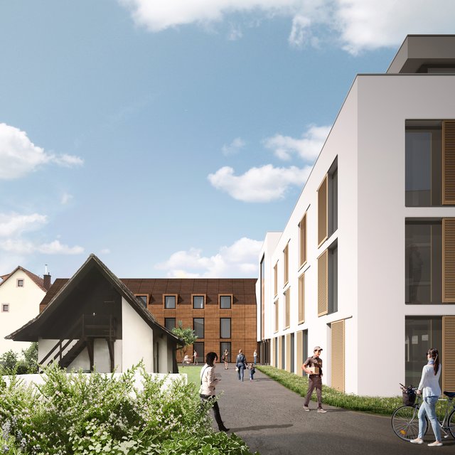 Gesundheitszentrum Jöhlingen: Blick vom Haus des Wohnens auf das Haus der Gesundheit (Mitte und rechts). Visualisierung: Curavia