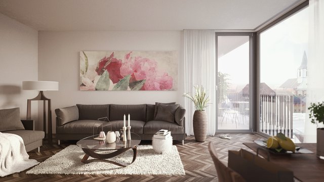 Haus des Wohnens: Blick in eine Beispielwohnung. Visualisierung: Curavia