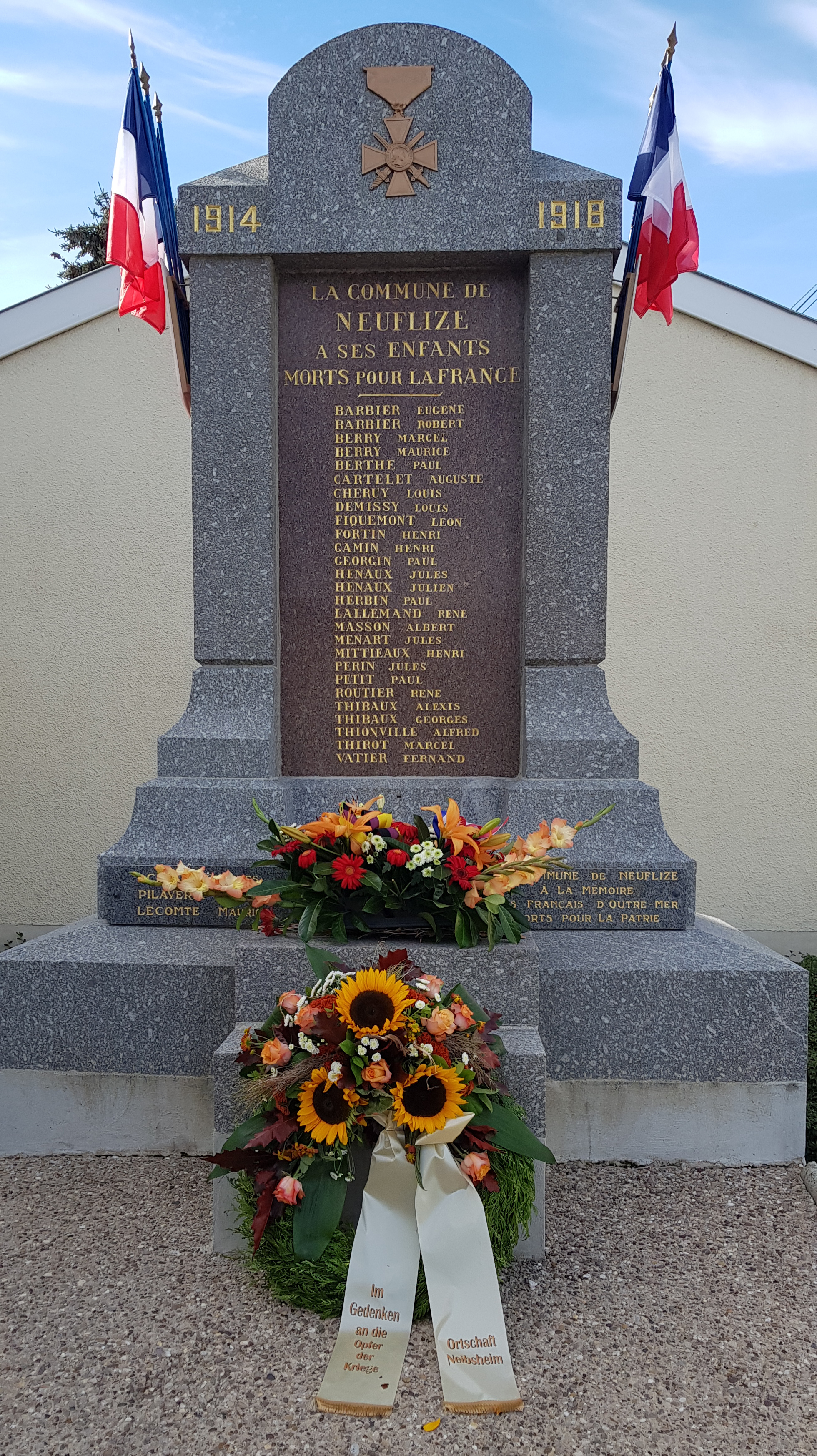 Mahnmal für die Gefallenen der Grand Guerre, des Ersten Weltkriegs, aus der heutigen Neibsheimer Partnergemeinde Neuflize.