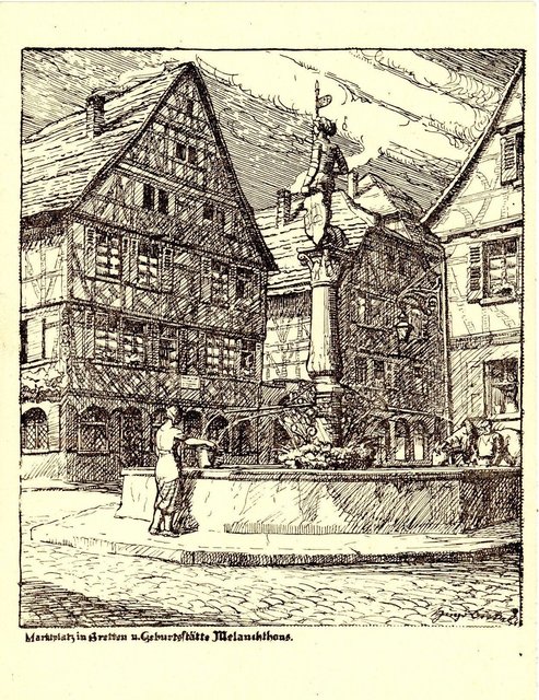 Romantische Rückwärtsgewandtheit: In der seitenfüllenden Zeichnung von Kurt Bickel auf einer Ansichtskarte von 1934/35 wird die „romantische, alte Zeit“ beschworen, in der man am Brettener Marktbrunnen noch Wasser holte und die Pferde tränkte. Ein Idyll im krassen Gegensatz zu der sich seit 1933 verschärfenden NS-Tyrannei. | Foto: Stadtarchiv Bretten