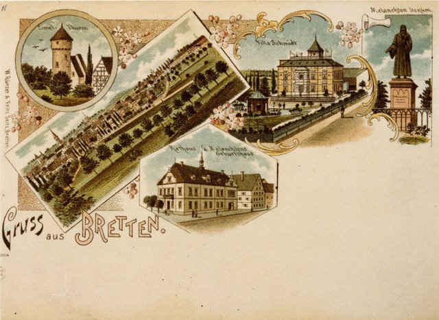 Bretten wird farbig: Sieben Jahre später können Reisende aus Bretten schon kolorierte Zeichnungen der lokalen Attraktionen versenden, wozu 1897 auch die Villa Schmidt zählt. | Foto: Stadtarchiv Bretten