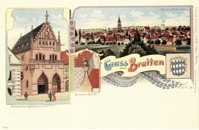 Premiere für das neue Melanchthonhaus: Deutlich großzügiger präsentiert sich die Karte von 1903 mit der reduzierten Motivauswahl, die sich auf den spätneugotischen Gedächtnisbau, das nun an der Kirchenfassade verortete Hundle, das Stadtwappen und eine vergrößerte Stadtansicht beschränkt. | Foto: Stadtarchiv Bretten