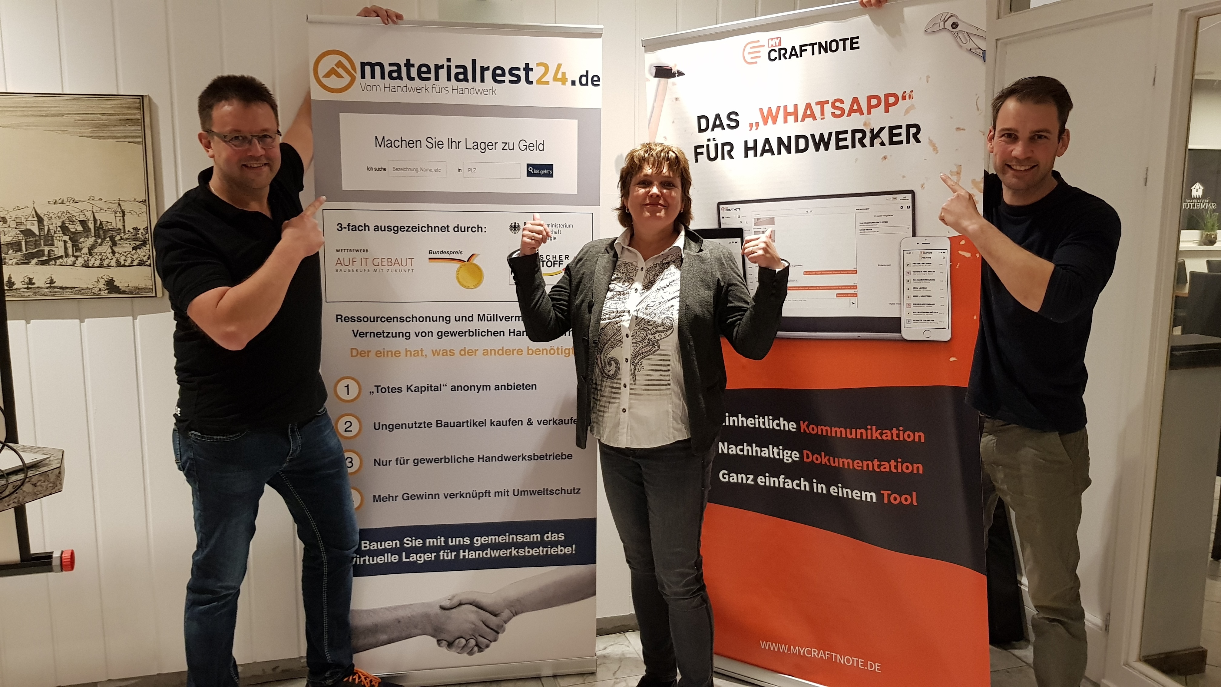 VBU-Vorsitzende Marion Klemm mit den Gründern Dirk Steffen (rechts) und Simon Schlögl.