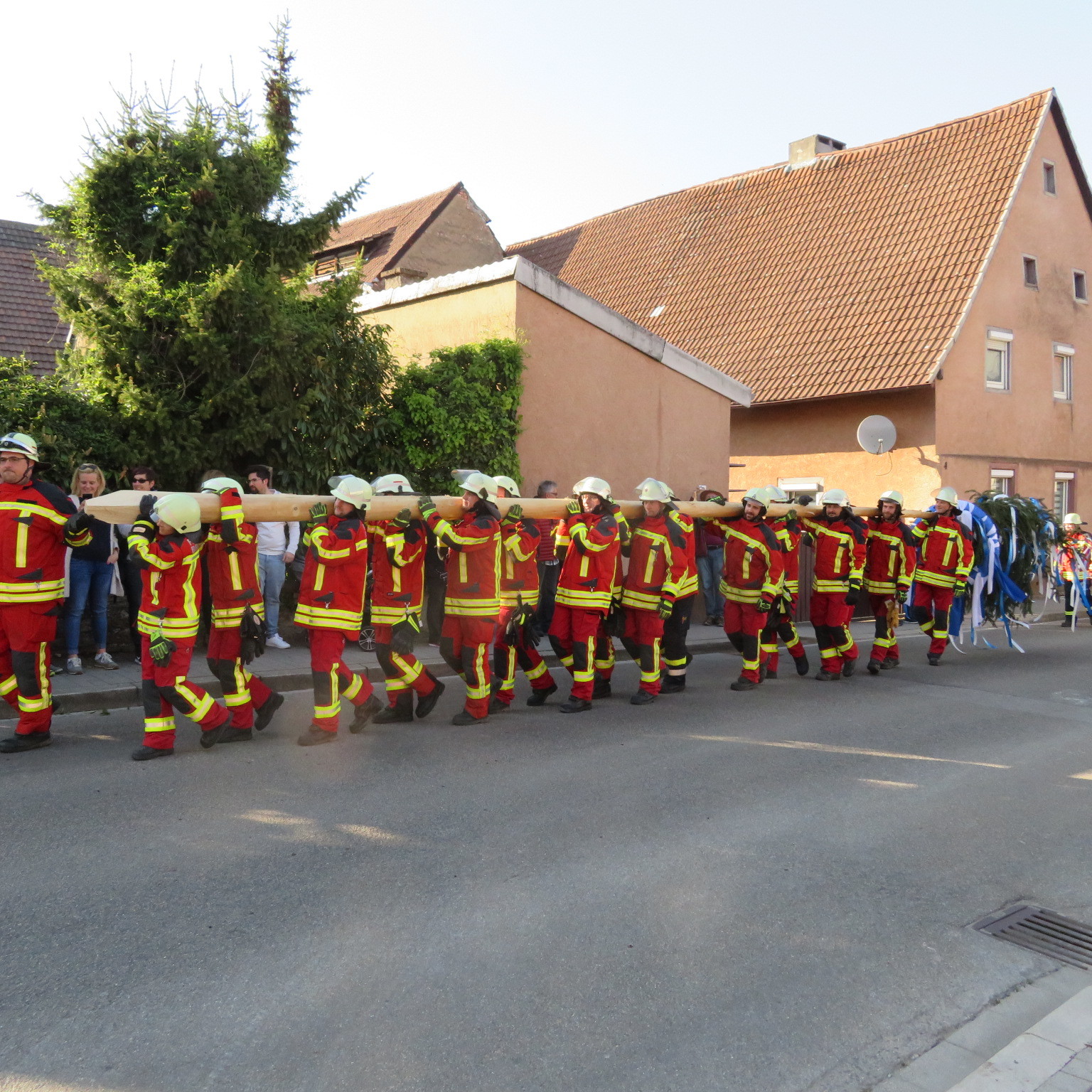 Obergrombach stellt Maibaum.