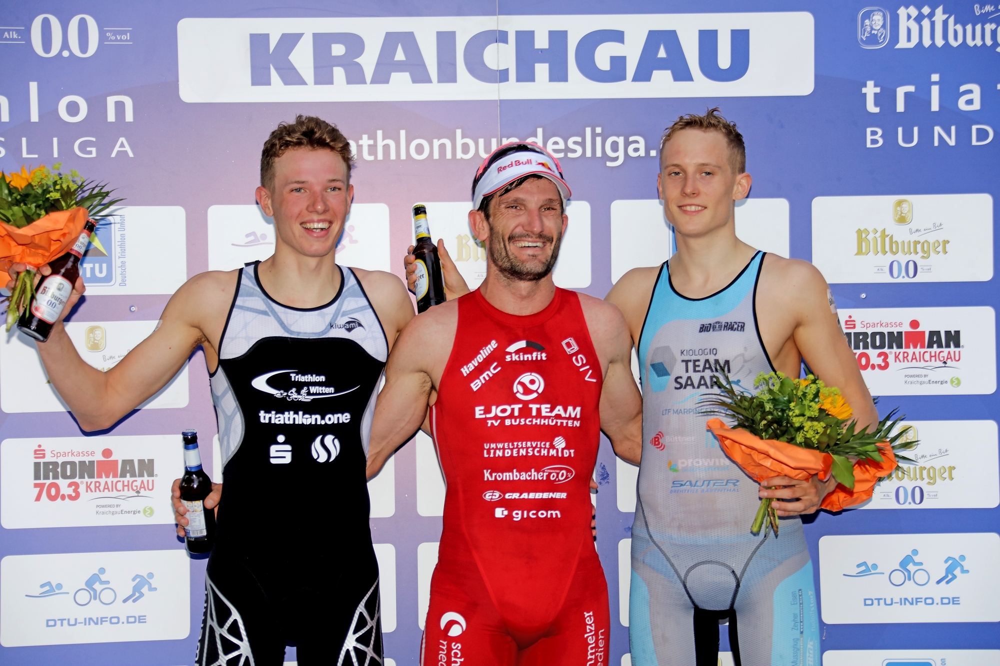 1. Bitburger 0,0% Triathlon-Bundesliga: Das Podium der Männer im Kraichgau mit Csongor Lehmann, Richard Murray und Valentin Wernz (von links).