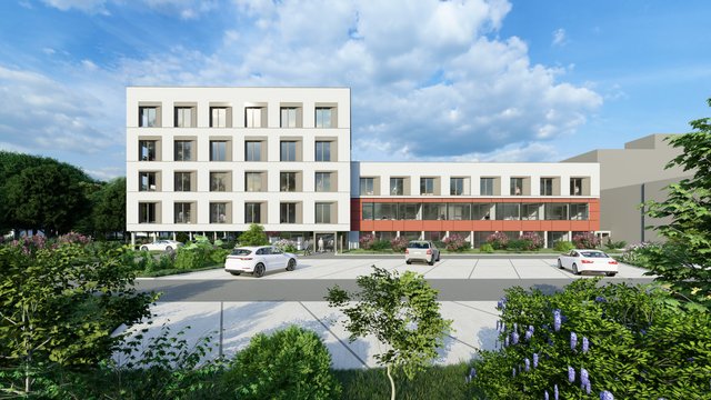 Frontalansicht des umgeplanten Fachärztezentrums auf dem Rechberg, ganz rechts die neue Rechbergklinik. | Foto: Südbau