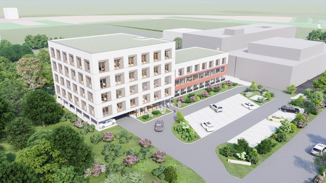 Blick von oben: Die Fassadengestaltung des neuen Fachärztezentrums ähnelt derjenigen der Rechbergklinik. | Foto: Südbau