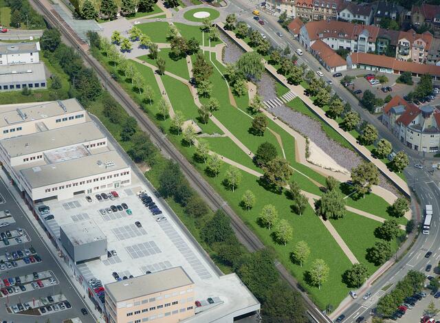 Luftbild des neuen Stadtparks. | Foto: Stadt Bretten