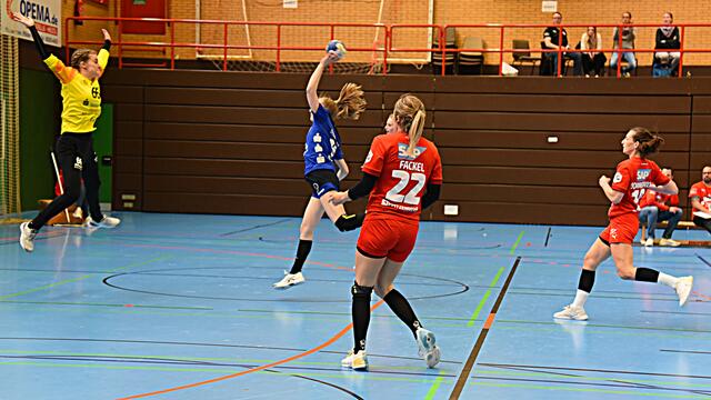 Meret Ossenkopp (BSV), die ihre sieben Tore allesamt in der ersten Hälfte erzielte, scheitert hier an der großartigen Johanna Wiethoff (Kurpfalz Bären), die ihr Team mit großartigen Paraden bis zur 40.Minute im Spiel hielt.
FotoArchiv Merkel+Merkel