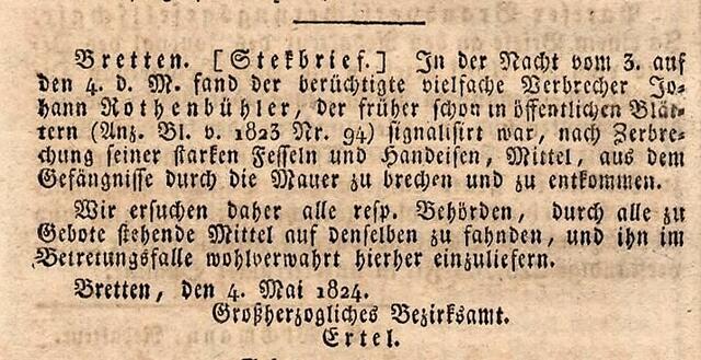 Steckbrief aus der Karlsruher Zeitung vom 4. Mai 1824