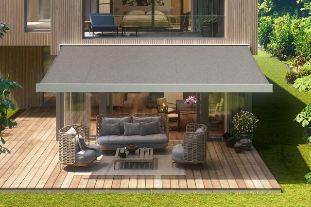 Geradlinige Markisen mit Tüchern in Grau- und Beige-Tönen passen gut zu einem puristischen Einrichtungsstil. | Foto: DJD/weinor