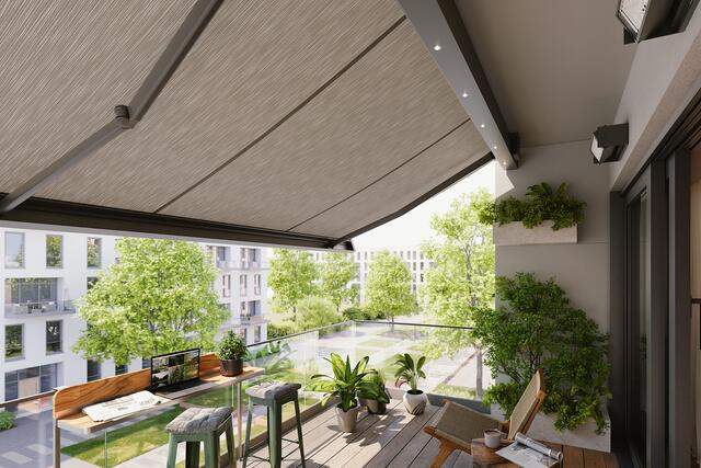 Der Trend zu stark strukturierten Stoffen bei Polstermöbeln und Wohntextilien ist auch bei den Behängen von Terrassenmarkisen angekommen. | Foto: DJD/weinor