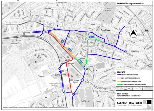 Das Mobilitätskonzept für die Gartenschau bei realisierter Südwestumfahrung. Blau sind die bestehenden Straßen, rot die neue Hauptverkehrsführung. Grün ist eine geänderte Verkehrsführung und gelb der Shared Space/Fahrradstraße.