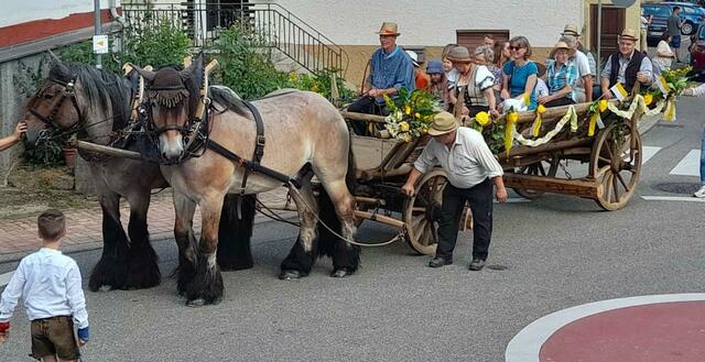 Der Kirchenwagen, gezogen von zwei belgischen Kaltblütern aus Appenweiher, 'bestückt' mit in St. Peter aktiven Leuten aller Altersgruppen und Astrid Lange als Verteterin der ev. Kirchengemeinde Kürnbach-Bauerbach. Hier lebt die Ökumene! 
Kunibert Heck dreht die 'Migge' zu. Er ist der Ideengeber und der unermüdliche Macher, dass ein ehemaliger Heuwagen wieder 'zum Leben erweckt' und als Kirchenwagen gestaltet worden ist. 