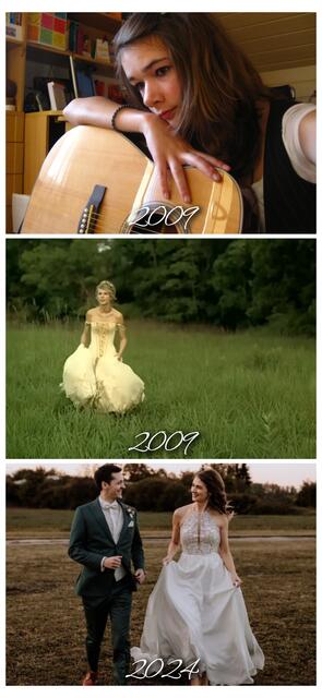 "Auf dem obigen Bild sieht man mich als 15-Jährige. Love Story von Taylor Swift läuft im Hintergrund in Dauerschleife (mittleres Bild) und ich träume auf meiner Gitarre lehnend von der großen Liebe. In 2009 hat nicht nur meine Liebe zu Taylor Swift's Musik ihren Anfang genommen, später im Jahr habe ich tatsächlich meine große (Jugend-)Liebe gefunden, welche ich diesen April nach über 14 Jahren Beziehung, als 30-Jährige, geheiratet habe (unteres Bild)", schreibt Sarah Soria-Galvarro . | Foto: privat