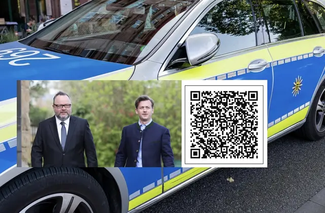 Die beiden FDP-Politiker Christian Jung (l.) und Sebastian Weber sammeln jetzt online und analog Unterschriften für den Erhalt des Polizeipostens in Sulzfeld und für verbesserte Öffnungszeiten und mehr Polizisten. Über den QR-Code kommt man zur Online-Petition. | Foto: Foto/Collage: Tom Rebel/Pixelio/OpenPetition