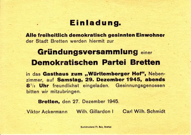 Bereits am 29. Dezember 1945 versammelten sich mehr als zwei Dutzend Liberale um die Demokratische Partei in Bretten zu gründen, den Vorläufer der FDP in Baden. Das Foto zeigt die damalige Einladungskarte. | Foto: Kai Brumm