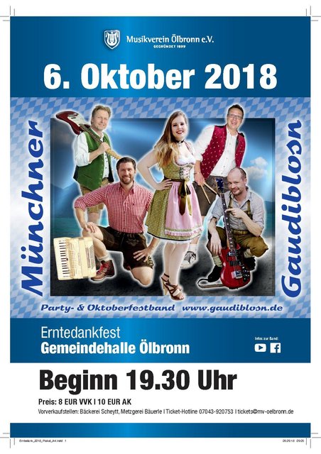 Die Münchner Gaudiblosn tritt auf dem Ölbronner Erntedankfest am 6.10.2018 auf.